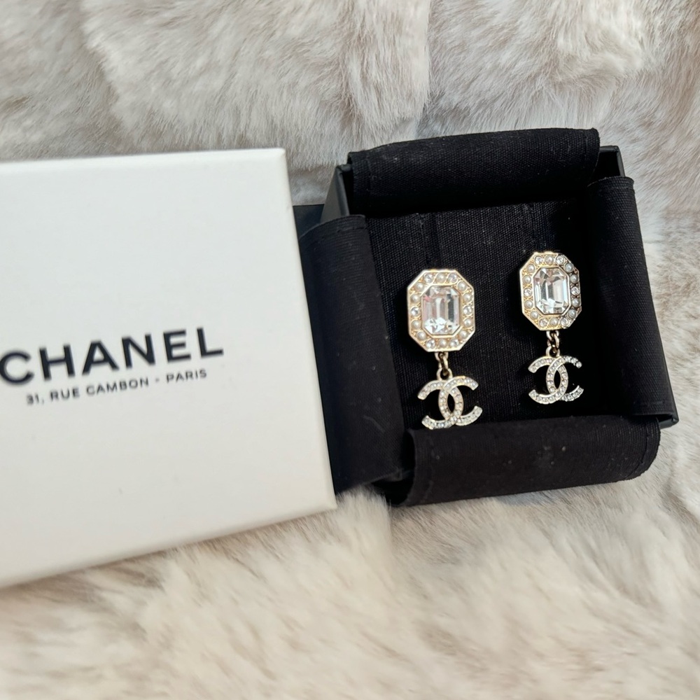 Chanel Octagon Crystals x Pearls CC Drop Earrings